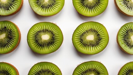 Poster - Sliced Kiwi Circles Arranged on White Background with Space for Text or Design Elements