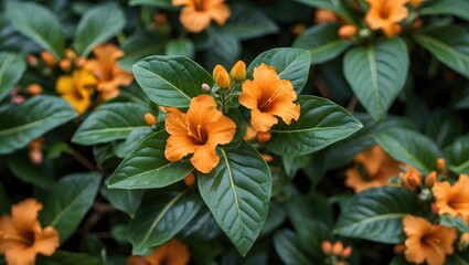 Poster - orange lantana camara flowers surrounded by vibrant green leaves closeup botanical beauty nature bac