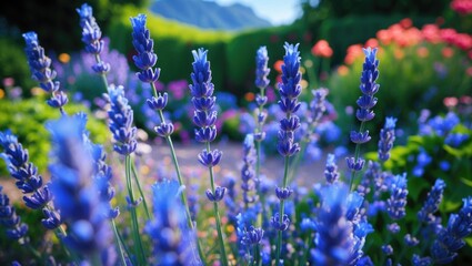 Poster - Blue lavender flowers in vibrant garden setting with summer colors creating a tranquil atmosphere and space for decorative text or captions.