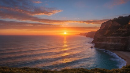 Poster - golden sunset over ocean waves with dramatic cliffs creating a breathtaking coastal landscape scene 