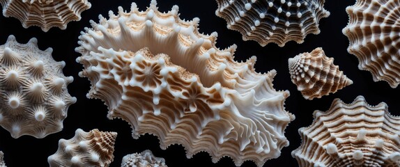 Poster - Intricately Detailed Murex Seashells Displayed Against a Black Background Ideal for Text Overlay and Design Projects