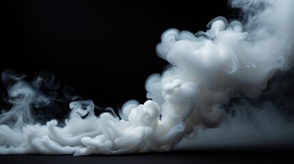 Poster - Dynamic white smoke swirling gracefully against a dark background creating an abstract foggy atmosphere.