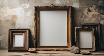 Poster - Vintage rustic wooden picture frames arranged on a textured wall background, blank space available for text or image display.