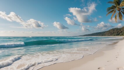 Poster - tranquil ocean waves and pristine white sand beach with lush greenery under a bright blue sky and am