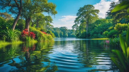 Poster - Serene Lake Encircled By Lush Greenery With Tranquil Waters And Clear Blue Sky Ideal For Nature Inspired Designs and Text Overlay