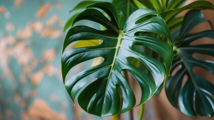 Poster - Lush Monstera Adansonii Leaf Displayed Against Textured Green Background for Aesthetic Indoor Decor