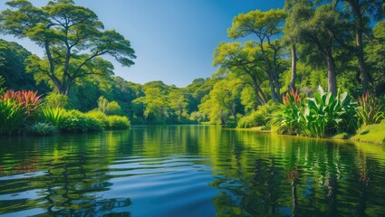 Poster - tranquil lake bordered by vibrant greenery and lush plants reflecting on calm water with space for t