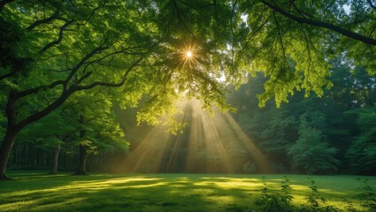 Poster - Serene Forest Sunlight Filtering Through Green Leaves Creating Peaceful Atmosphere With Space For Text Overlay