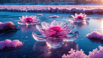 Poster - Frozen river adorned with exquisite ice flowers and pink frost captivatingly illuminated by soft winter light