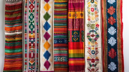 Poster - Colorful hand-woven songket fabrics showcasing intricate patterns and textures on a pristine white background for textile design imagery.