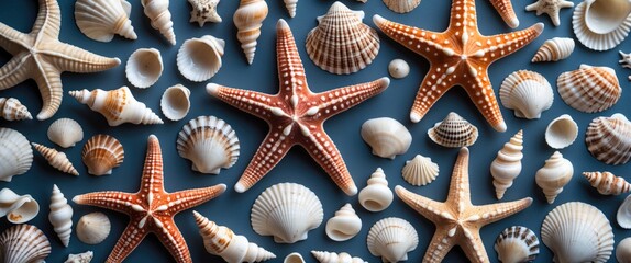 Poster - Seashells and Starfish Collection Over Blue Background With Copy Space For Text Perfect For Marine Themes and Beach Life Projects