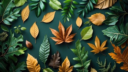 Poster - Diverse assortment of colorful natural leaves arranged on dark green background ideal for invitations and design projects.