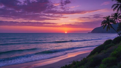 Poster - twilight beach scene at sunset with purple sky and calm waves reflecting the dusk over the sea and l