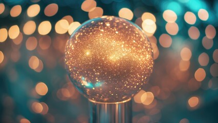Poster - Sparkling bokeh lights in a blurred background with a reflective orb showcasing shimmering glitter effects