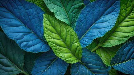 Poster - Vibrant green and blue leaves create a striking abstract eco-friendly background for nature themed designs and presentations.