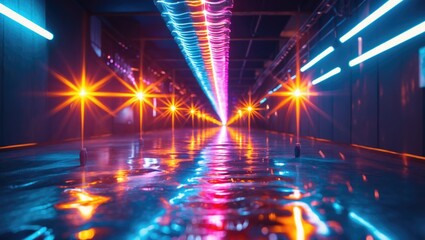 Poster - Dynamic Light Leaks and Flare Effects for Cinematic Film Transitions with Vibrant Colors and Reflections on Wet Surfaces.