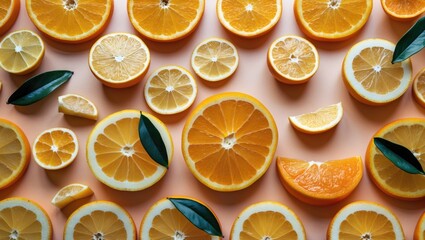 Poster - Citrus Fruit Slices Over Flat Surface With Leaves Ideal For Backgrounds and Copy Space In Food or Beverage Related Designs
