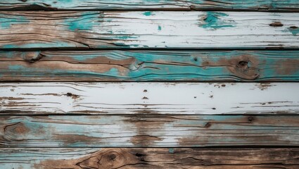 Poster - Weathered wooden texture background in turquoise and white, ideal for product presentations and construction company advertising.