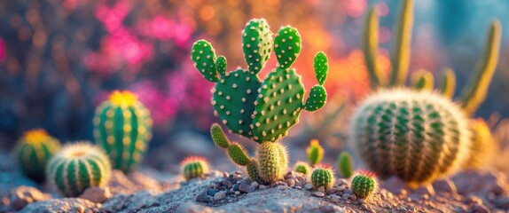 Poster - Vibrant close-up of diverse cactus plants in a colorful desert landscape perfect for nature-themed backgrounds or botanical designs.