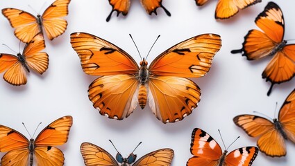 Poster - Colorful Orange Butterflies Displayed on White Background Beautiful Tropical Insects for Design and Artistic Projects
