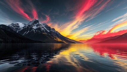 Poster - Stunning sunset over mountains with vibrant red, yellow, and white skies reflecting on calm water creating a serene natural landscape scene