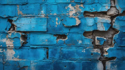 Poster - Weathered blue wall with peeling paint and textured distress creating a grunge effect suitable for backgrounds and artistic designs.
