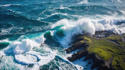 Poster - Aerial View Of Strong Ocean Waves Crashing On Rocky Coastline Highlighting Nature's Power And Beauty With Swirling Seafoam In Scenic Surroundings