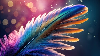 Poster - Colorful bird feather on a dark background with soft bokeh lights showcasing its vibrant hues and intricate details in a dreamy ambiance.