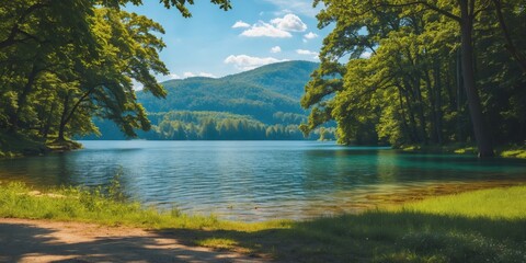 Poster - Tranquil summer lake scene with lush greenery and clear blue skies showcasing peaceful nature and empty space for text or overlays