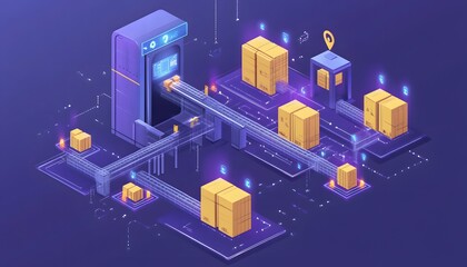 Poster - An innovative illustration of an automated packaging system, showcasing advanced logistics and streamlined processes for efficient goods handling and delivery.
