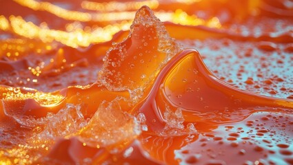 Aufkleber - Vibrant orange textured liquid surface with bubbles and waves creating a dynamic and colorful abstract background.