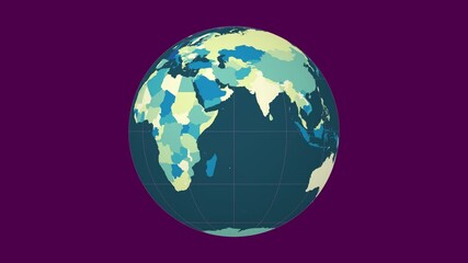 Poster - Spinning earth. Normal sphere view. Moderate speed globe rotation. Colored countries style. World map with graticule lines on Vivid background. Majestic animation.