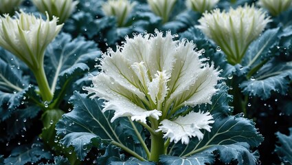 Poster - delicate white kale flowers with water droplets enhancing their natural beauty in a lush green garde