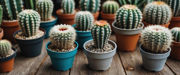 Poster - Assorted Cacti in Colorful Pots on Rustic Wooden Table with Room for Text or Graphics in Natural Light Setting