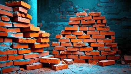 Poster - Vibrant orange clay brick stacks creating a textured background in an urban setting showcasing architectural materials and construction themes.