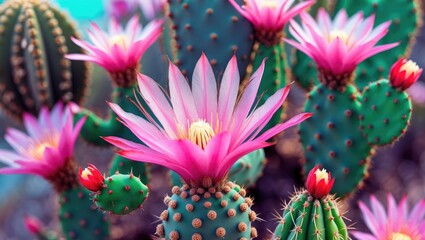 Poster - Vibrant Pink Cactus Flowers Blooming Against Lush Green Background With Blank Space For Your Text Or Design Elements