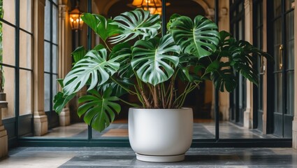 Poster - Monstera Plant in White Pot Flourishing in Elegant Indoor Space with Natural Light and Stylish Architecture