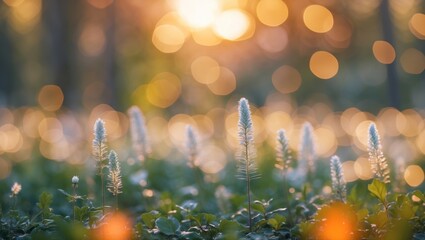 Poster - Soft colorful bokeh background with delicate flowers at sunset creating a serene and dreamy nature atmosphere ideal for serene designs