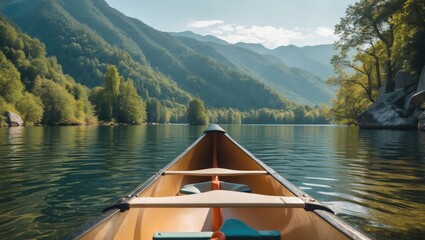 Poster - Scenic Lakeside Canoe Perspective Inviting Outdoor Adventure And Paddling Experience With Serene Nature Reflections And Tranquil Atmosphere