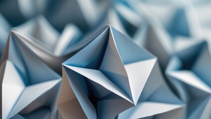 Fototapete - Abstract macro image of geometric paper folds with three-dimensional effect, featuring a soft focus on a textured blue background.