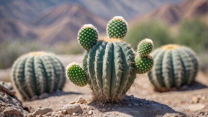 Poster - barrel cactus growth in desert landscape with blurred mountains and empty space for text and design 
