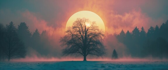 Poster - Silhouetted winter tree against a misty sunset with hazy sun casting a warm glow over a serene landscape in soft pastel colors