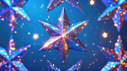 Poster - Holographic stars with sparkling effects on a vibrant blue background creating a festive and trendy visual backdrop.