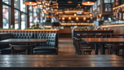 Poster - Empty dark wooden table in restaurant with blurred background ideal for product display and mockups creating a warm inviting ambiance.
