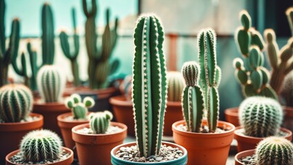 Poster - Vibrant Collection of Cacti in Pots with Oblong Cactus in Focus and Space for Text Overlay in Natural Light