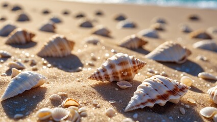 Poster - seashells resting on golden sands under the sunlight creating a serene beach scene evoking tranquili