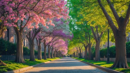 Poster - vibrant blooming tassel trees creating a picturesque alley scene in early summer with lush greenery 