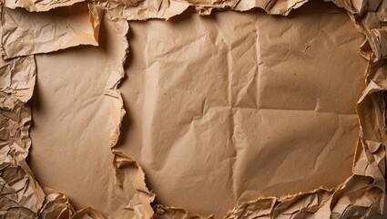 Poster - Brown crumpled recycled craft paper texture background with creases and copy space for vintage design or artistic projects.