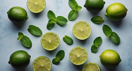 Poster - Fresh Limes and Mint Leaves Arrangement on Light Background with Space for Text or Advertisements