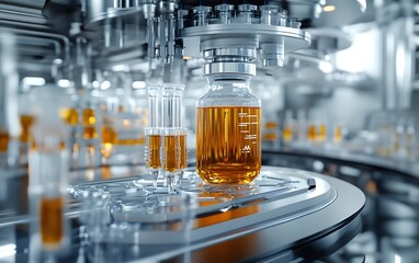 Poster - Close-up view of high-tech industrial equipment in a pharmaceutical manufacturing facility, showcasing glass vials filled with amber liquid and automated machinery in action.